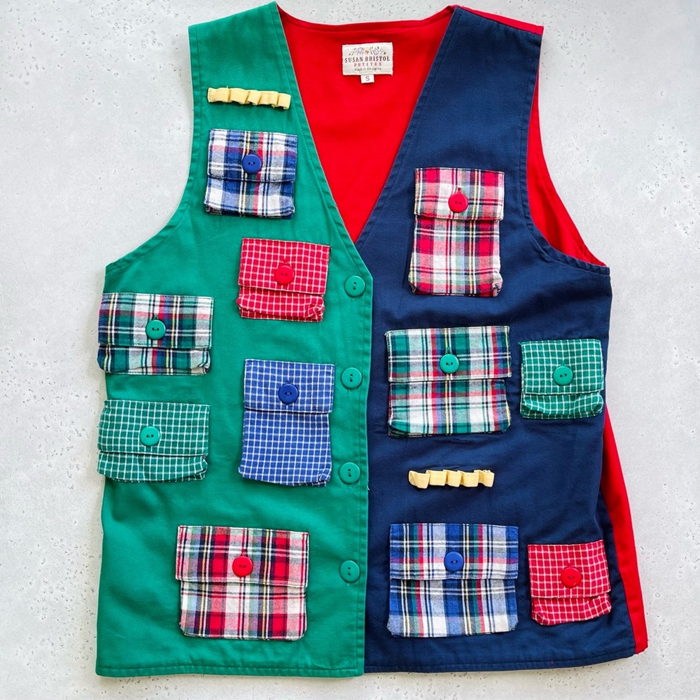 Vintage Susan Bristol Petites Color Block Teacher Plaid Pockets Utility Vest